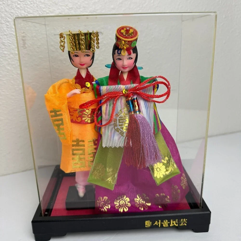 Vintage Korean Native Dolls Vibrant Colors in Plastic Display Case Made in Korea